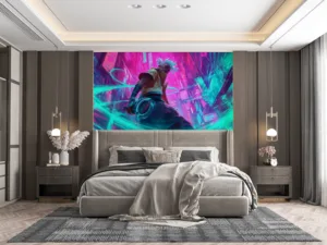 Ekko from League of Legends in a vibrant cyberpunk setting with neon lights||