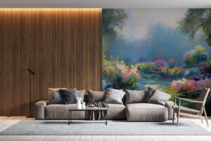 A beautiful serene garden scene with vibrant flowers and lush greenery.