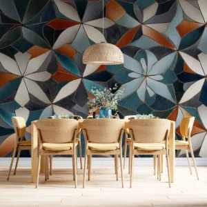Geometric floral mosaic pattern in shades of blue|teal|cream