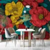 Vibrant floral design with red and yellow flowers and green leaves.