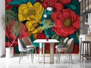 Vibrant floral design with red and yellow flowers and green leaves.