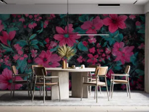 Vibrant floral pattern with pink flowers and teal leaves on a dark background.