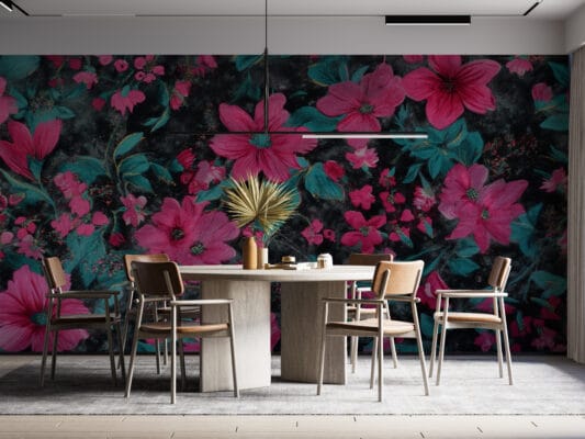 Vibrant floral pattern with pink flowers and teal leaves on a dark background.