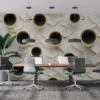Artistic arrangement of coffee cups and broken white plates||