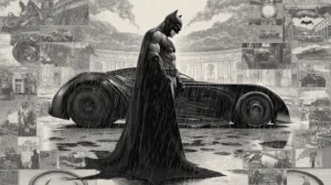 showcasing his iconic dark costume and cape.