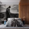 Batman standing in the rain|showcasing his iconic dark costume and cape.|