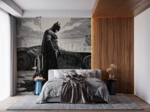 Batman standing in the rain|showcasing his iconic dark costume and cape.|