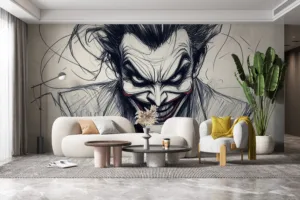 Sketch of a villain with wild hair and a wide grin|inspired by the Joker.|