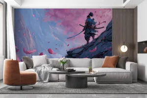Yasuo from League of Legends standing on a cliff with cherry blossoms