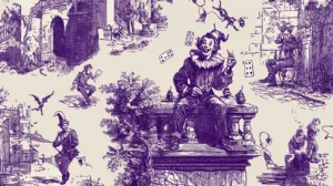 Alternative view of Jester's Serenade in Monochrome Purple Toile Wall Mural