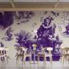 Whimsical Toile de Jouy pattern featuring a jester in purple monochrome.||