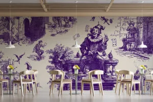 Whimsical Toile de Jouy pattern featuring a jester in purple monochrome.
