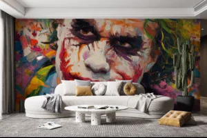 Vibrant abstract representation of the Joker with bold colors and expressive features.||