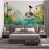 A girl in a yellow top riding a bicycle through a picturesque floral landscape.||