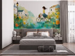 A girl in a yellow top riding a bicycle through a picturesque floral landscape.||