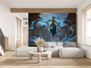 Karma from League of Legends in a dynamic pose surrounded by blue energy