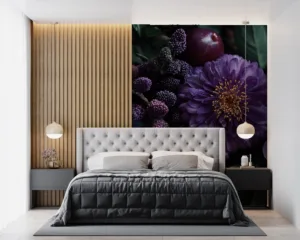 Close-up floral composition featuring purple and indigo flowers and fruits.||