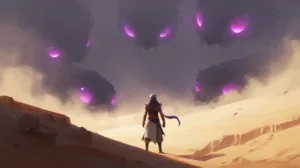 surrounded by shadowy figures with glowing purple eyes.