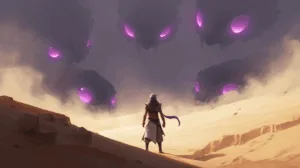 surrounded by shadowy figures with glowing purple eyes.