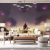 Dramatic desert scene featuring Malzahar from League of Legends|surrounded by shadowy figures with glowing purple eyes.|