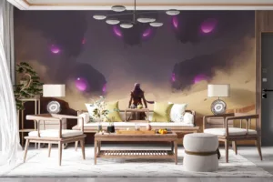 Dramatic desert scene featuring Malzahar from League of Legends|surrounded by shadowy figures with glowing purple eyes.|