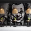 A menacing clown figure with exaggerated features
