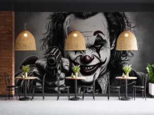 A menacing clown figure with exaggerated features|pointing a gun|set in a dark monochromatic background.