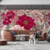 Vibrant floral pattern with shades of pink and red|modern Japanese design.|