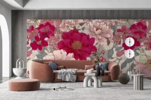 Vibrant floral pattern with shades of pink and red|modern Japanese design.|