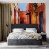Vibrant Moroccan alleyway with colorful walls and doors