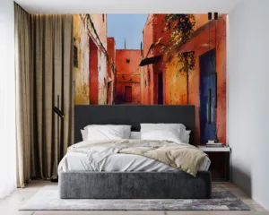 Vibrant Moroccan alleyway with colorful walls and doors||