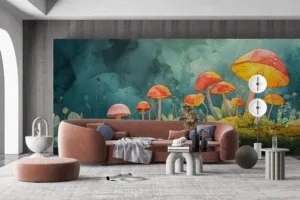 A mystical forest scene featuring glowing mushrooms in vibrant colors.||
