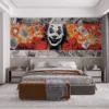 Vibrant clown character with a red suit and expressive grin surrounded by chaotic illustrations||
