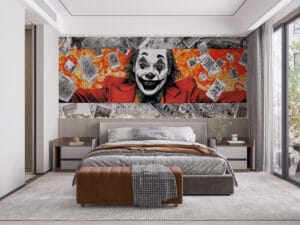Vibrant clown character with a red suit and expressive grin surrounded by chaotic illustrations