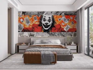 Vibrant clown character with a red suit and expressive grin surrounded by chaotic illustrations||