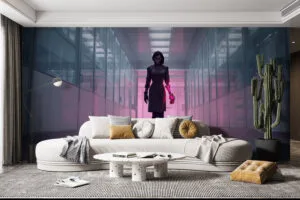 Renata Glasc walking confidently in a high-tech corridor with a cybernetic arm.