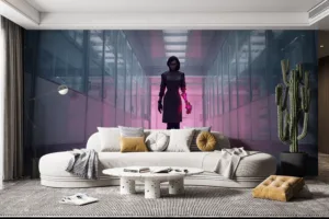 Renata Glasc walking confidently in a high-tech corridor with a cybernetic arm.||