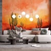 Watercolor desert landscape with cacti and sunset sky
