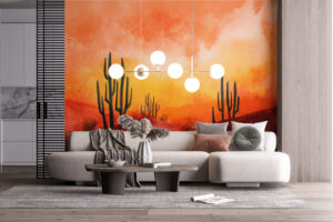 Watercolor desert landscape with cacti and sunset sky