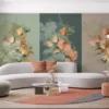 Triptych of floral artwork with soft greens|muted peach|and beige tones.