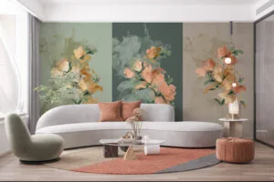 Triptych of floral artwork with soft greens