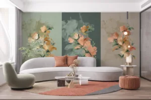 Triptych of floral artwork with soft greens|muted peach|and beige tones.