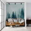 Serene winter landscape with a red cabin surrounded by evergreen trees and snow.||