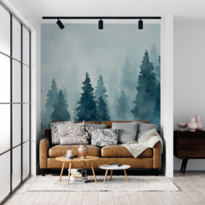 Serene winter landscape with a red cabin surrounded by evergreen trees and snow.