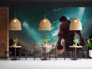 Fighter preparing for a match in a vibrant arena|inspired by League of Legends champion Sett.|