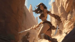 the dual-wielding warrior in a desert canyon