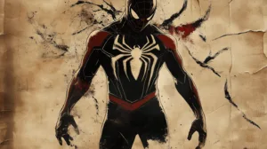 showcasing his black and red suit against a textured background.