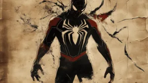 showcasing his black and red suit against a textured background.