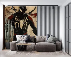 Stylized depiction of Miles Morales as Spider-Man in a dynamic pose|showcasing his black and red suit against a textured background.|