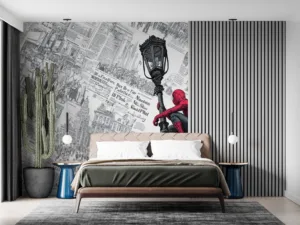 Spider-Man on a streetlamp against a textured urban background of newspaper clippings.||